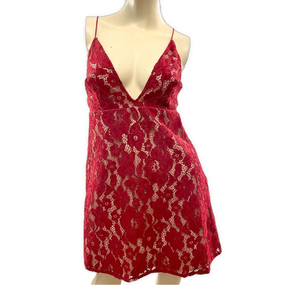 Free People- Red Floral Corduroy Lace Mini Dress- 4
